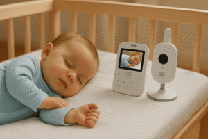babyalarm ved siden af en sovende baby