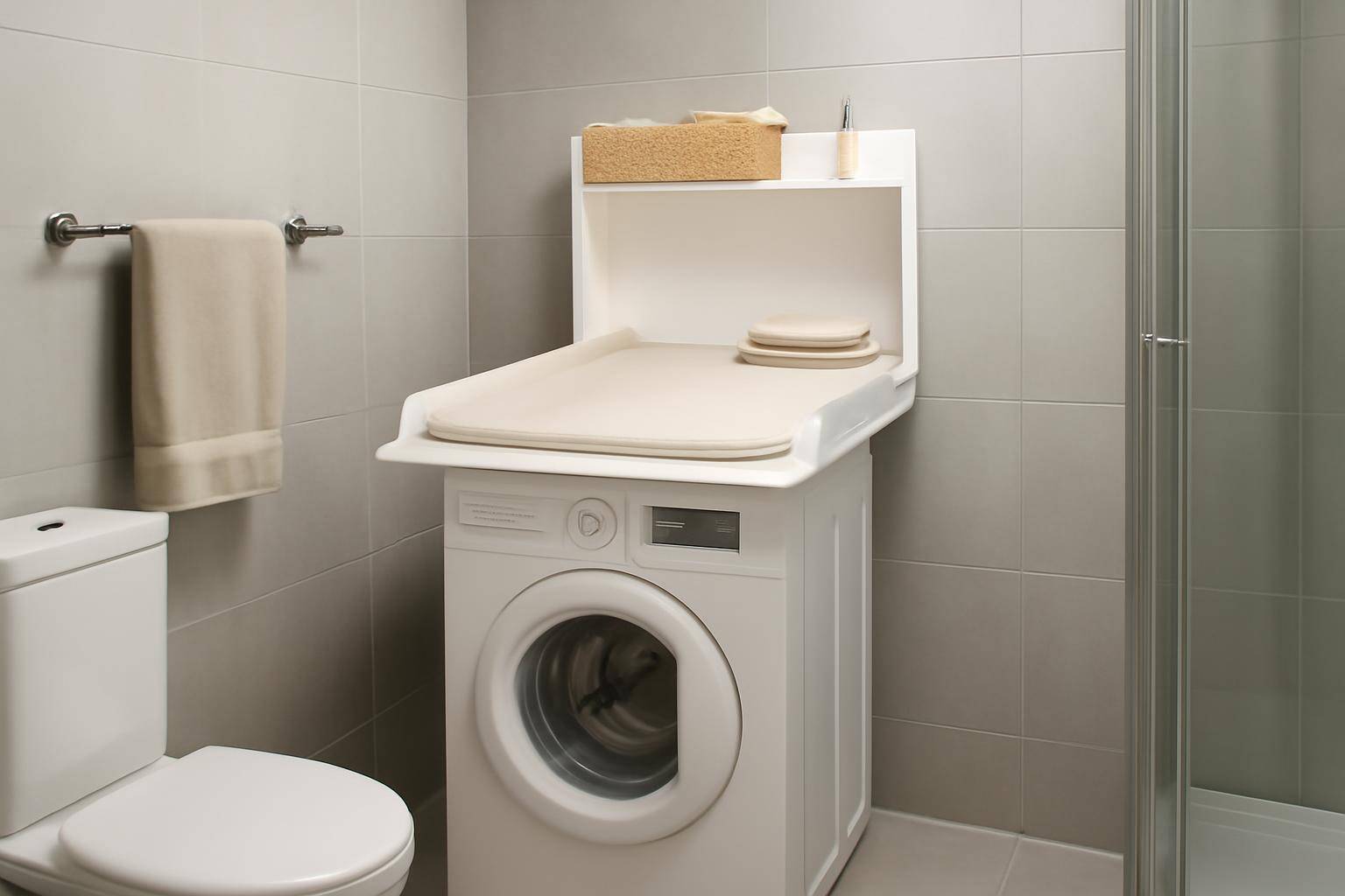 Fem løsninger med pladsbehov, fordele og ulemper - Løsning 1: Væghængt puslebord over vaskemaskine-top i kombineret bad/toiletrum. Pladsbehov: ...