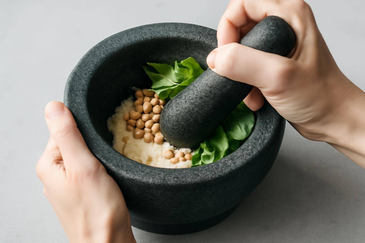 Specifik teknik til pesto og aioli - Til pesto i morter har vi haft bedst resultat ved først at knuse hvidløg og groft salt til en fin