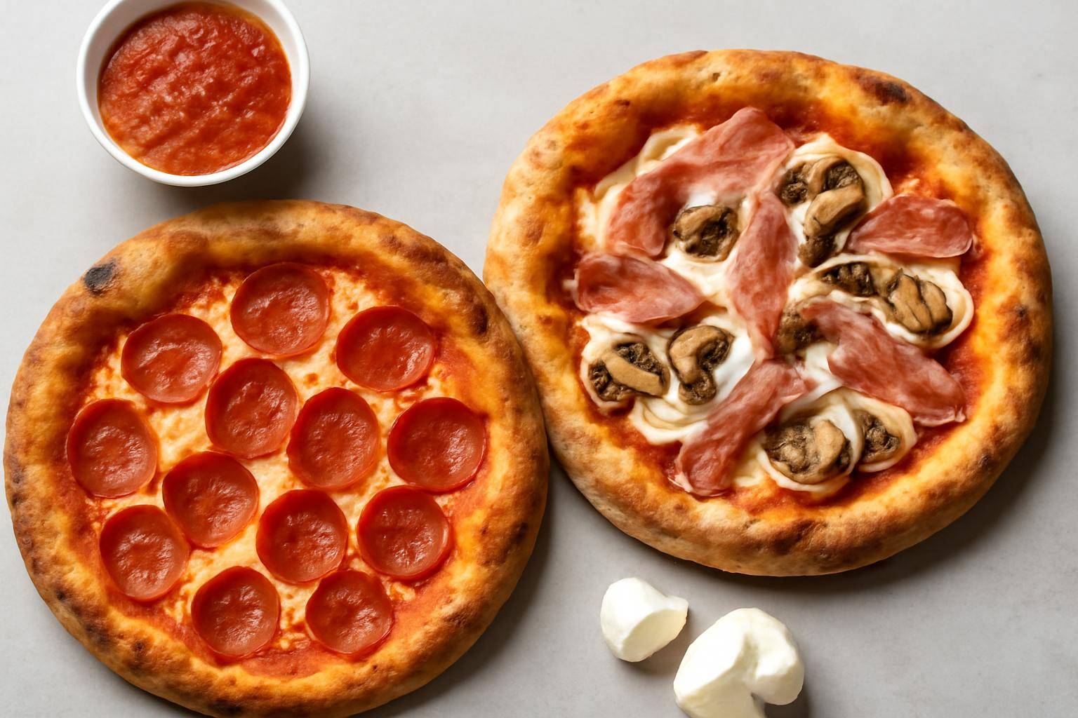 Pepperoni og Prosciutto e Funghi - Pepperoni/Salami (1 pizza)• 60–70 g tomatsauce• 80–90 g fast mozzarella• 20–30 g frisk m