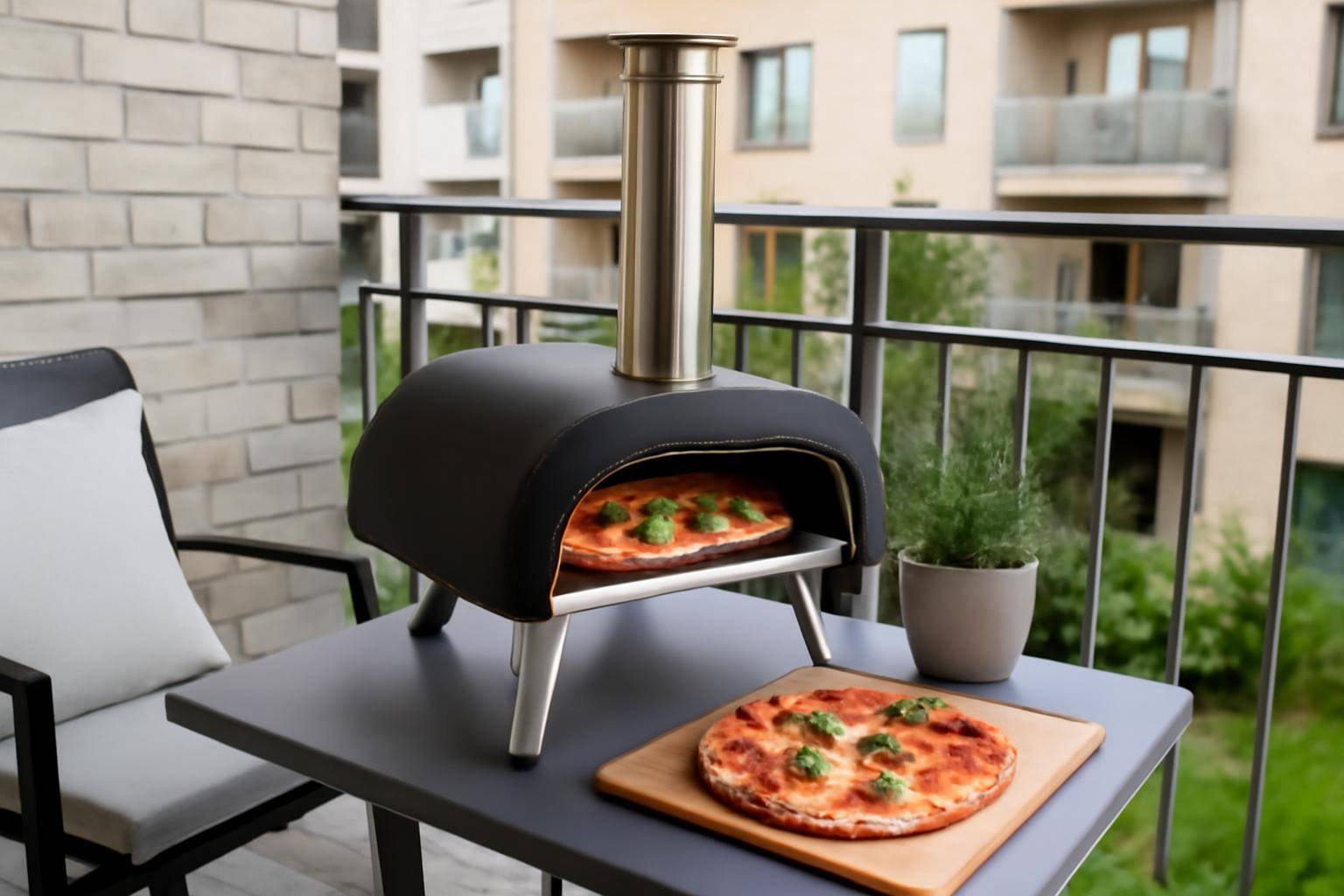 Bærbar pizzaovn på altan og lille terrasse -  - Professional illustration and visual guide