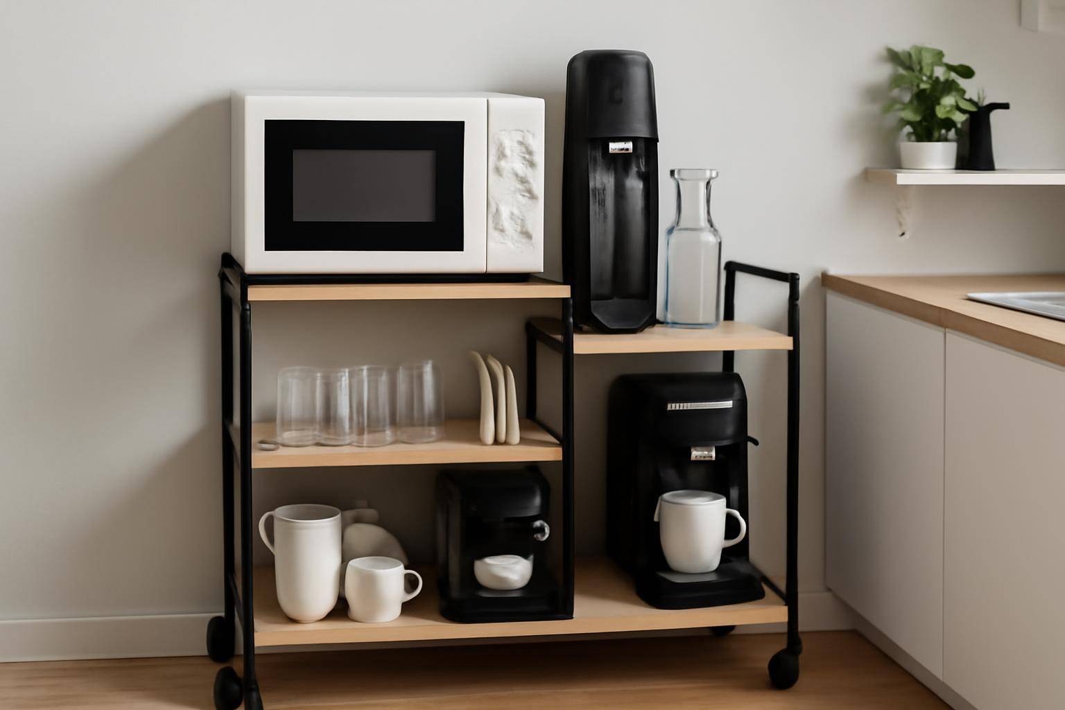 Drikkestation, rulleborde og kombination med kaffehjørne - Et effektivt greb i små hjem er at planlægge en ”drikkestation”, hvor sodavandsma...