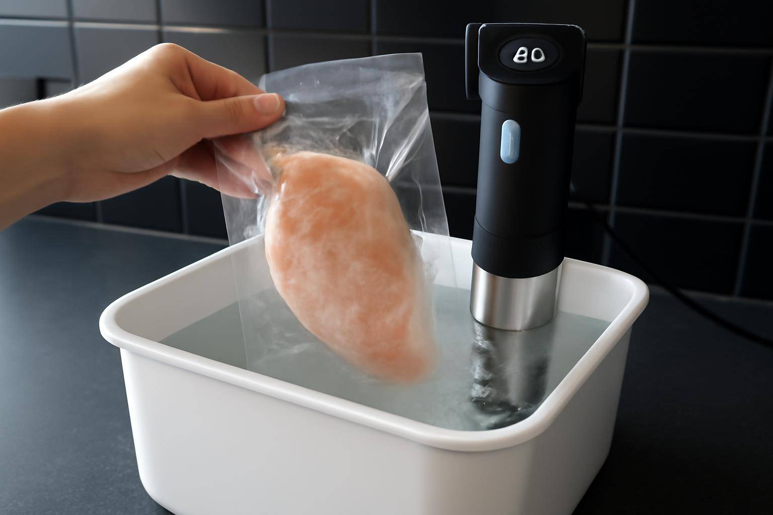 Praktisk eksempel: frossent kyllingebryst i sous vide - Som konkret eksempel kan vi tage et kyllingebryst på cirka 2,5 cm tykkelse, som du normalt...