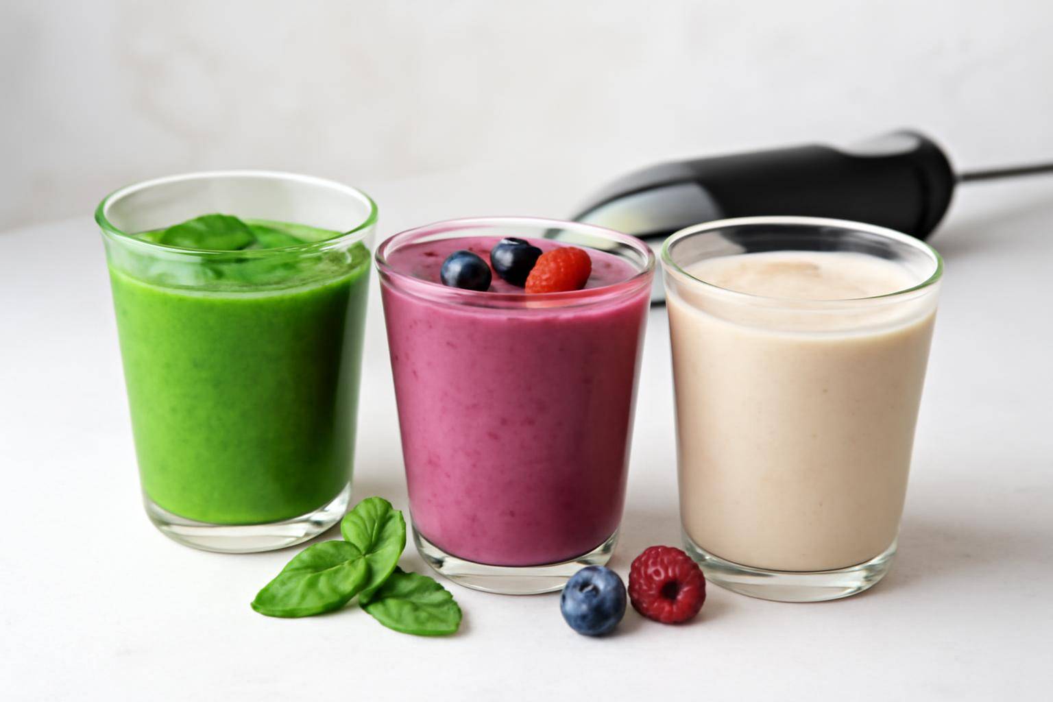 Grøn smoothie, bær-smoothie og protein-smoothie - Grøn smoothie (1–2 glas)Ingredienser: 1 banan, 1 lille æble i tern, 1 god håndfuld frisk e...