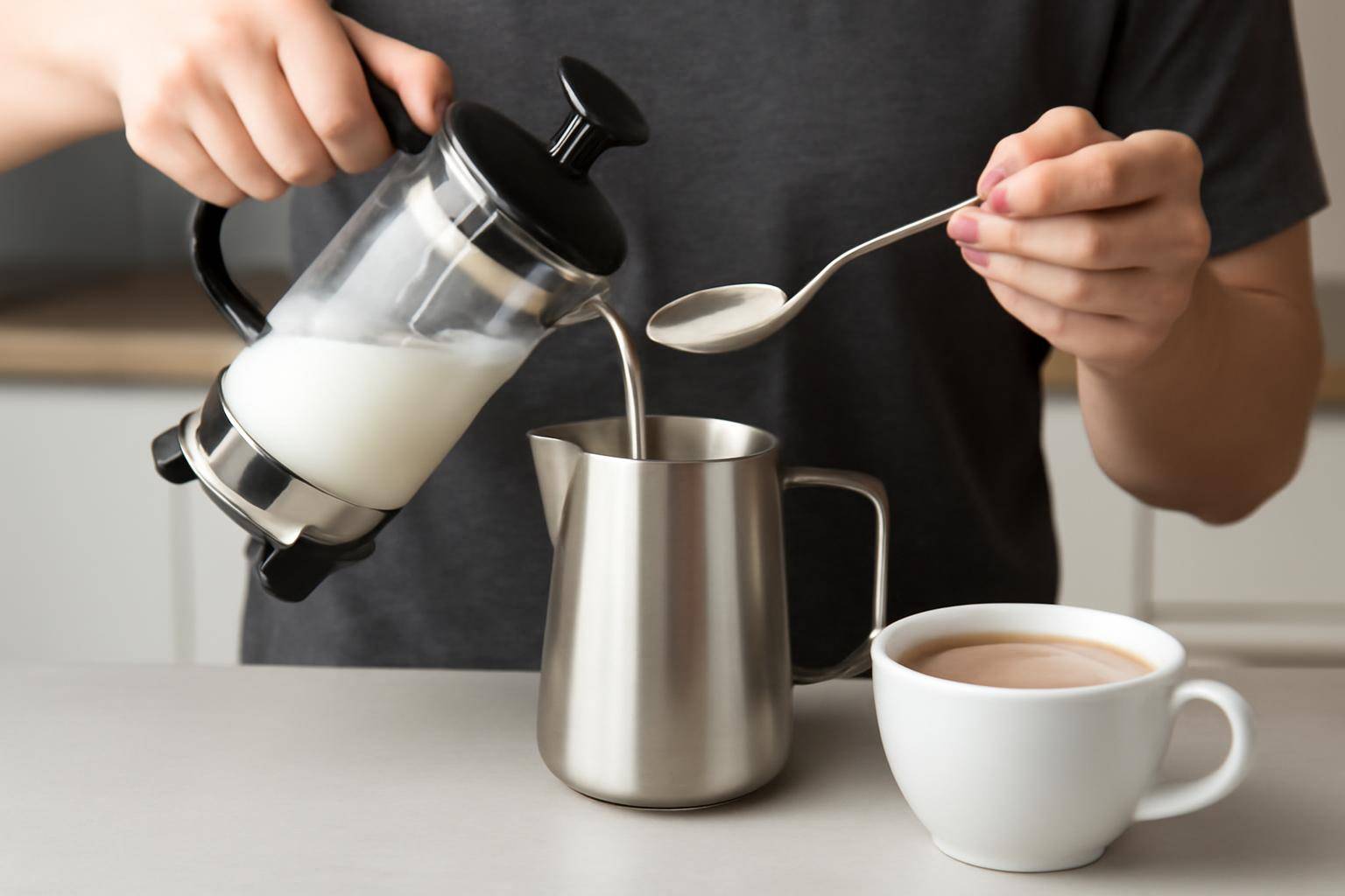 Kombination med hældekande og filtrering af skum - En smart teknik med french press er at hælde mælken over i en separat kande, før du laver la...