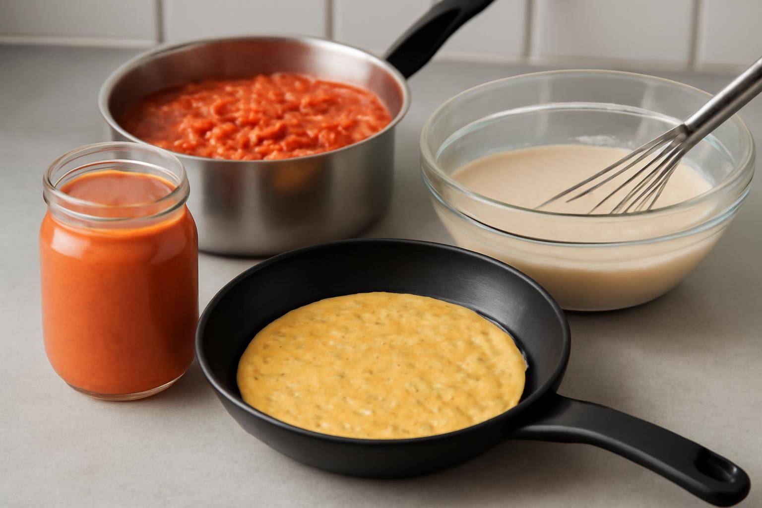 Kold pastasauce, omeletblanding og pandekagedej - En nem kold pastasauce kan laves ved at blende 1 dåse hakkede tomater, 1 rød peberfrugt i tern, 1