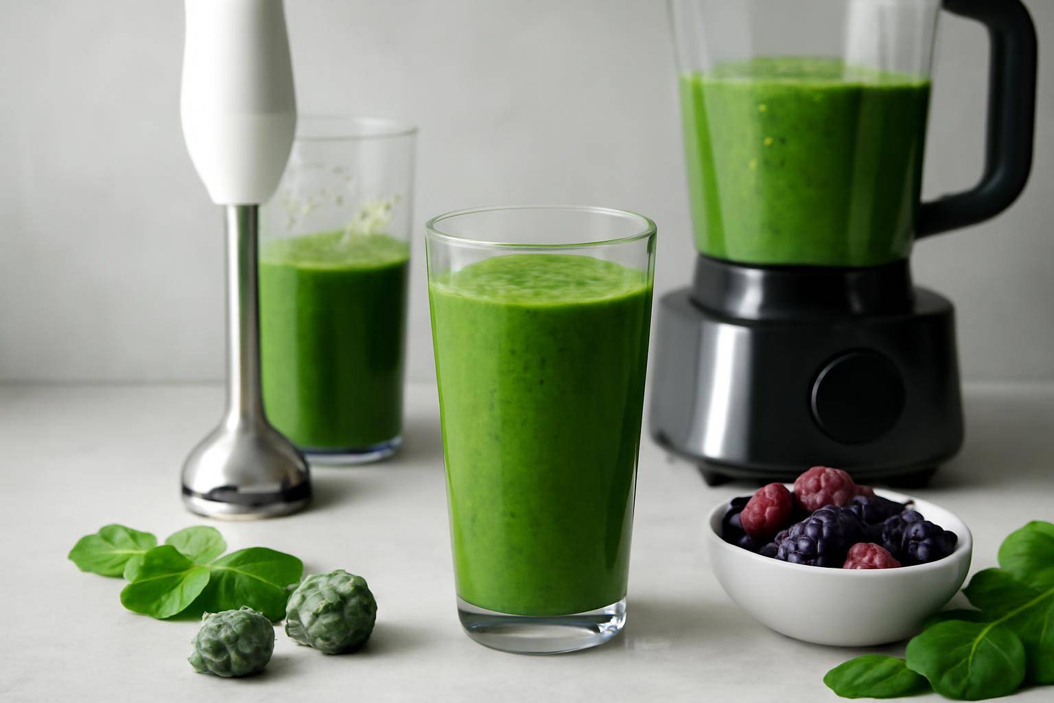 Eksempler og budgetanbefalinger - Tænk på nogle konkrete retter. Grøn smoothie med frossen spinat og bær: Stavblenderen kan klare