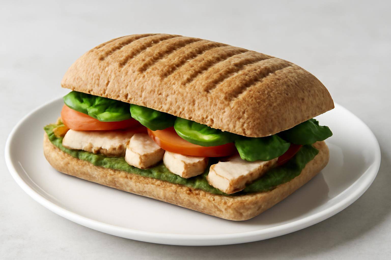 Opskrift 1: fuldkorns-panini med kylling, pesto light og grøntsager - Her får du en klassiker i en lettere udgave. Brug et mellemstort stykke ful...