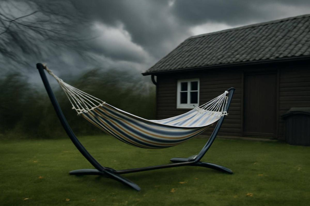Sikring mod vejr og sommerhusbrug - Blæst og storm er ikke foreneligt med en fritstående hængekøje. Ved kraftig vind kan stativ og h