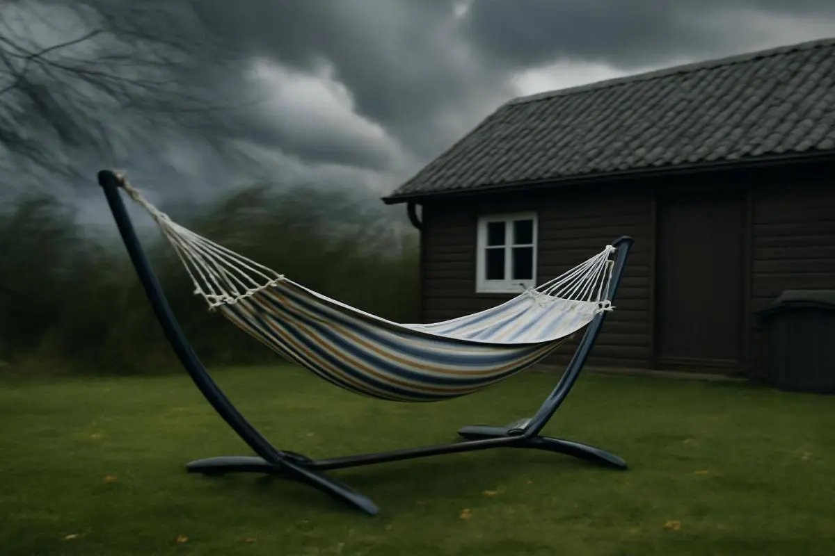 Sikring mod vejr og sommerhusbrug - Blæst og storm er ikke foreneligt med en fritstående hængekøje. Ved kraftig vind kan stativ og h